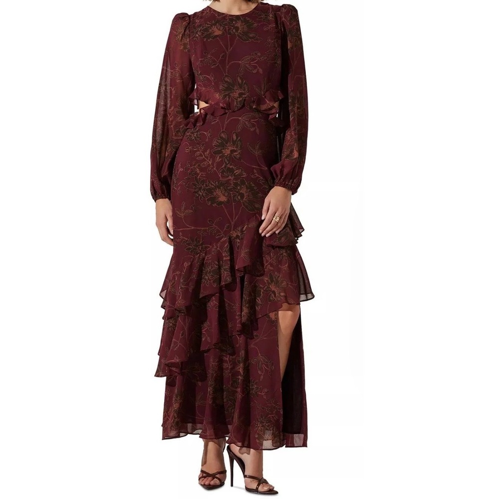 ASTR The Label Biella Plum Floral Cutout Ruffle Maxi Dress Size XL wedding event - Picture 10 of 11
